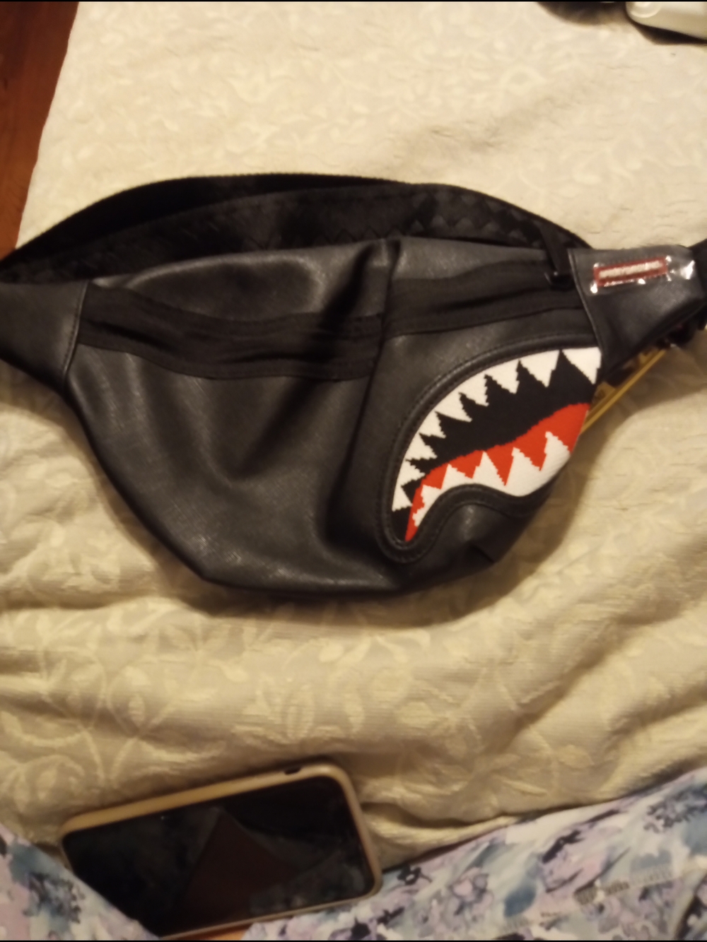 Sprayyard Black Leather Waist Bag with Red & White Shark-Teeth Accent